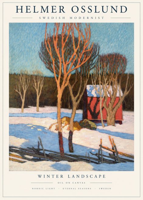 Helmer Osslund Winter Landscape with Red Barn No2 - Plakat