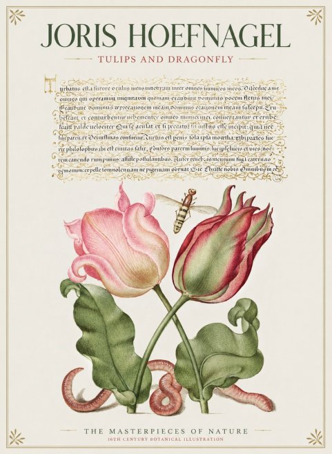Joris Hoefnagel Two Tulips with Caterpillars and Dragonfly No2 - Plakat