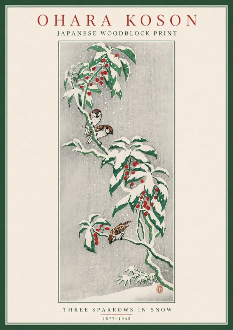Ohara Koson Three Sparrows in Snow No5 - Plakat