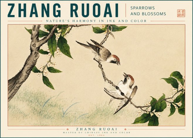 Zhang Ruoai Sparrows and Blossoms No5 - Plakat