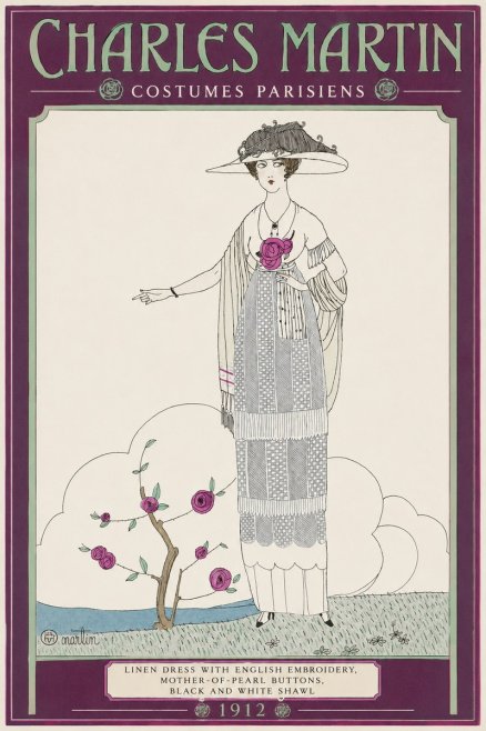 Charles Martin Linen Dress with English Embroidery, Mother-of-pearl Buttons, Black and White Shawl No2 - Plakat