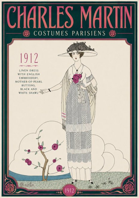 Charles Martin Linen Dress with English Embroidery, Mother-of-pearl Buttons, Black and White Shawl No4 - Plakat