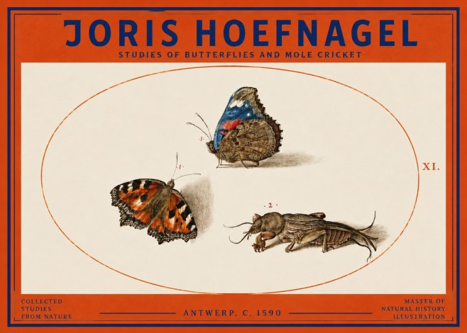 Joris Hoefnagel Studies of Butterflies and Mole Cricket No3 - Plakat