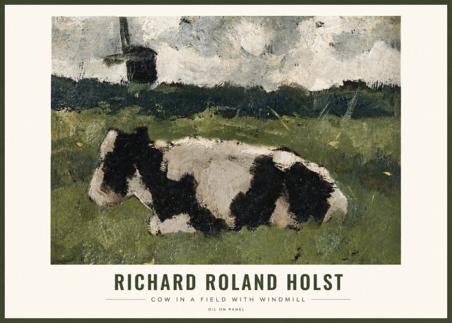 Richard Roland Holst Cow in a Field with Windmill No2 - Plakat