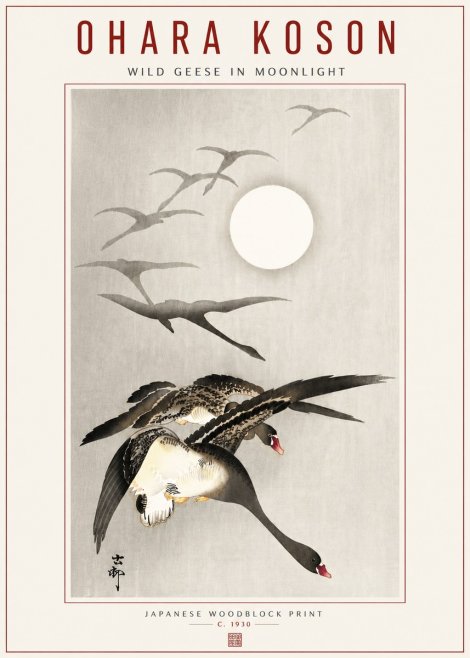 Ohara Koson Wild Geese in Moonlight No5 - Plakat
