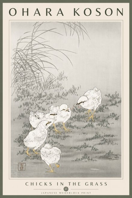 Ohara Koson Chicks in the Grass No6 - Plakat