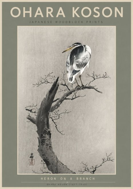 Ohara Koson Heron on a Branch No6 - Plakat