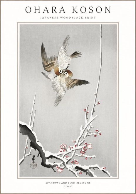 Ohara Koson Sparrows and Plum Blossoms No1 - Plakat