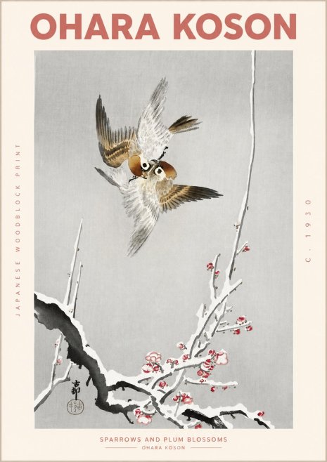 Ohara Koson Sparrows and Plum Blossoms No2 - Plakat