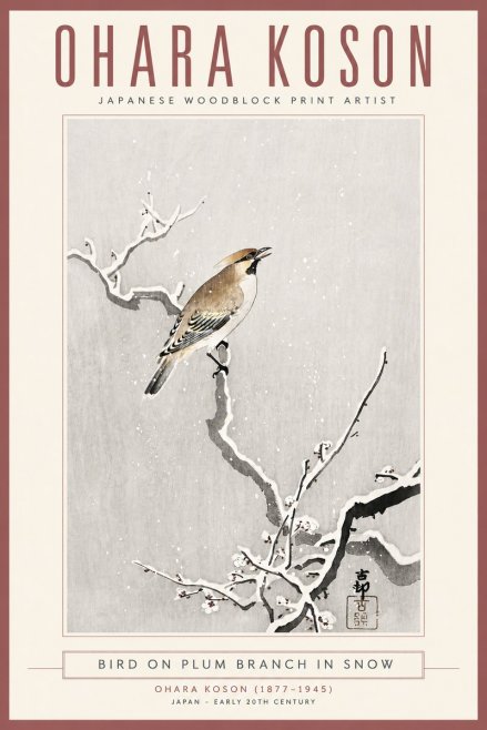 Ohara Koson Bird on Plum Branch in Snow No4 - Plakat