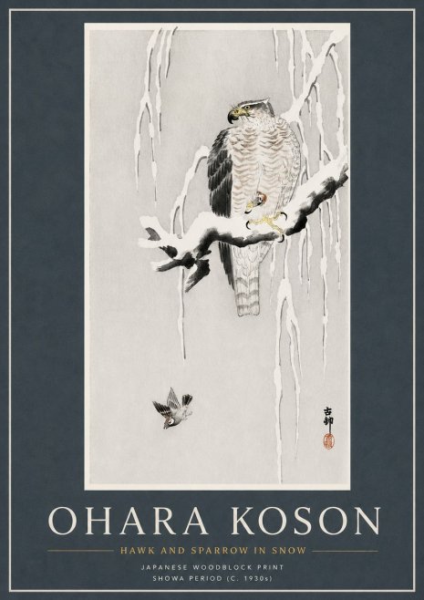 Ohara Koson Hawk and Sparrow in Snow No3 - Plakat