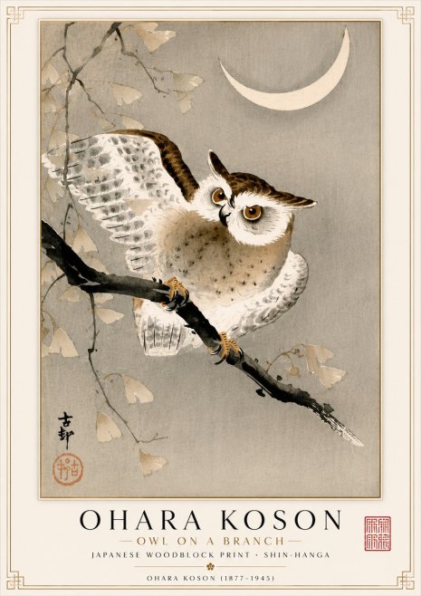 Ohara Koson Owl and Crescent Moon No2 - Plakat
