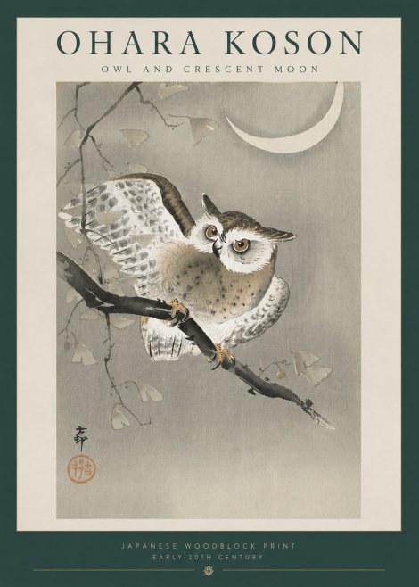 Ohara Koson Owl and Crescent Moon No6 - Plakat