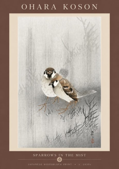 Ohara Koson Sparrows in the Mist No5 - Plakat