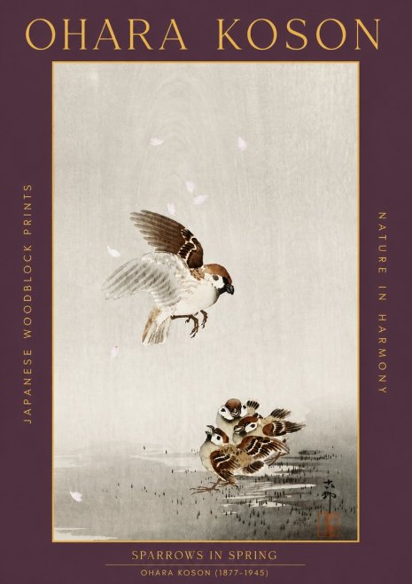 Ohara Koson Sparrows in Spring No5 - Plakat