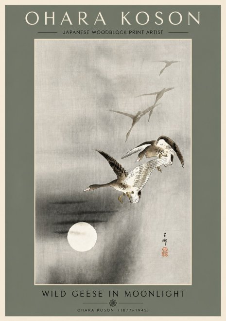 Ohara Koson Wild Geese in Moonlight No4 - Plakat