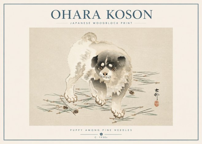 Ohara Koson Puppy Among Pine Needles No5 - Plakat