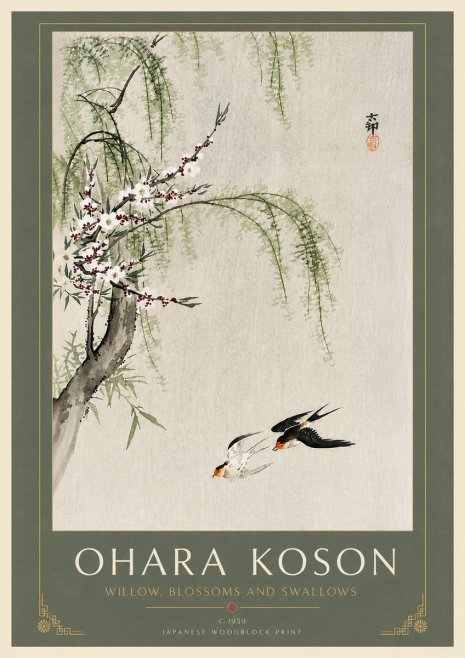 Ohara Koson Willow, Blossoms and Swallows No6 - Plakat