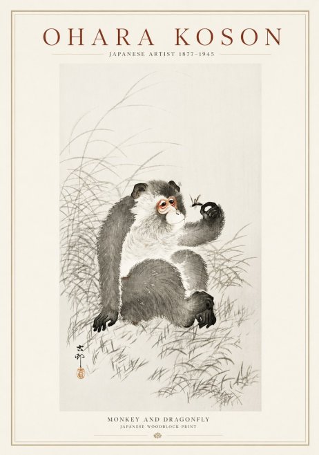 Ohara Koson Monkey and Dragonfly No1 - Plakat