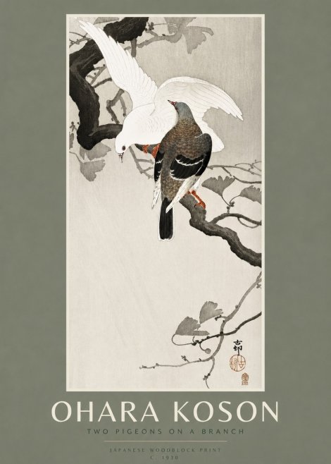 Ohara Koson Two Pigeons on a Branch No2 - Plakat