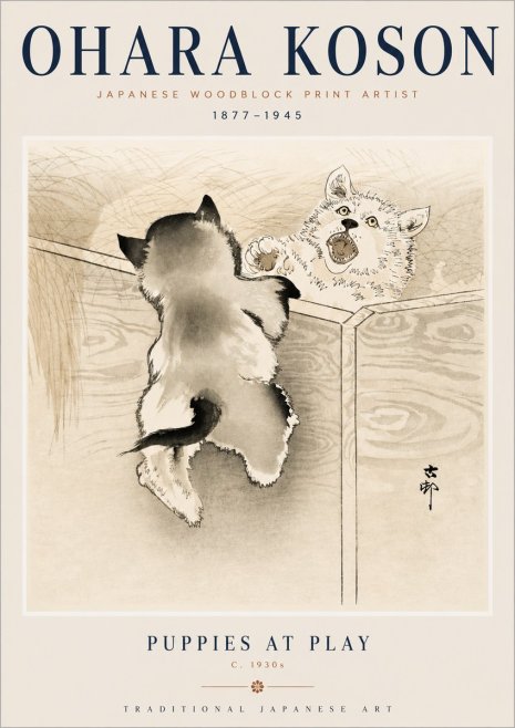 Ohara Koson Puppies at Play No3 - Plakat
