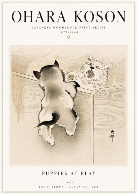 Ohara Koson Puppies at Play No5 - Plakat