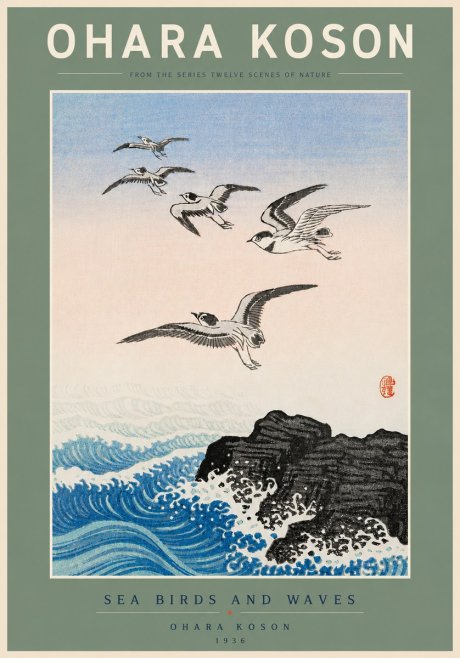 Ohara Koson Sea Birds and Waves No5 - Plakat