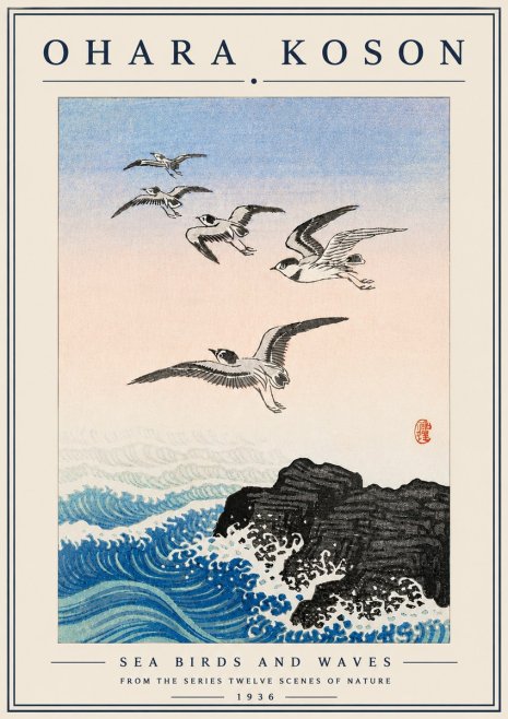 Ohara Koson Sea Birds and Waves No6 - Plakat