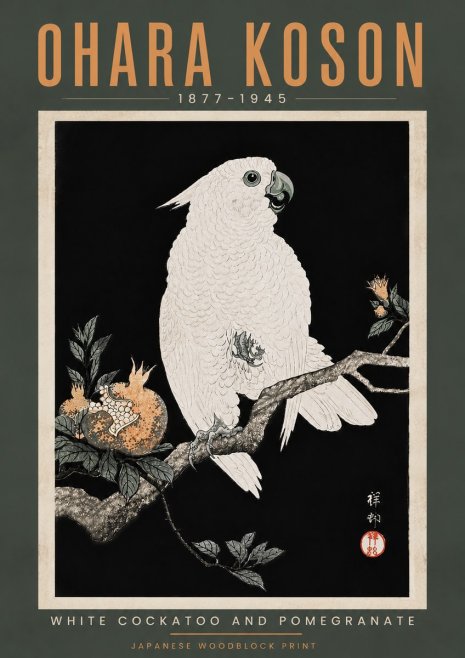 Ohara Koson White Cockatoo and Pomegranate No5 - Plakat