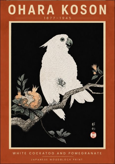 Ohara Koson White Cockatoo and Pomegranate No6 - Plakat