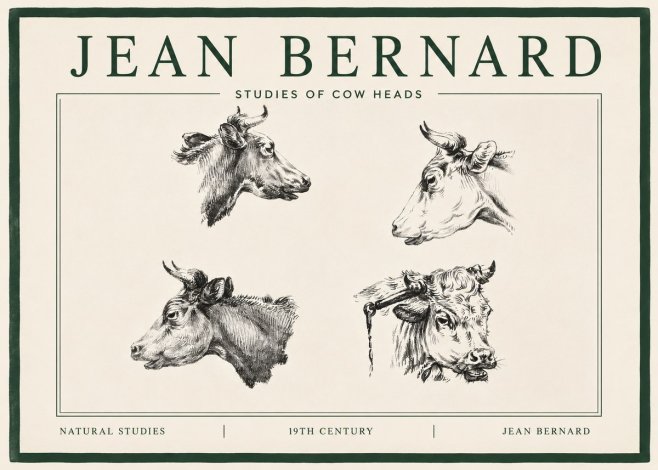 Jean Bernard Studies of Cattle - Four Heads No4 - Plakat