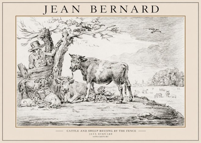 Jean Bernard Cattle and Sheep Resting by the Fence No1 - Plakat