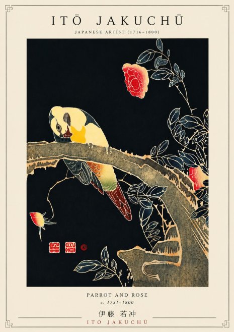 Itō Jakuchū Parrot and Rose No5 - Plakat