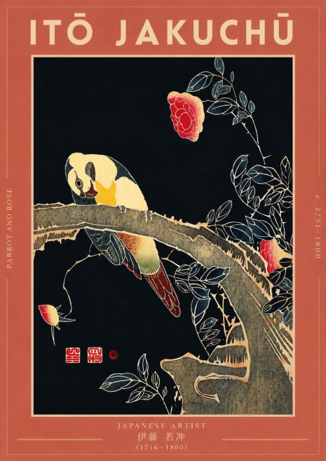 Itō Jakuchū Parrot and Rose No7 - Plakat