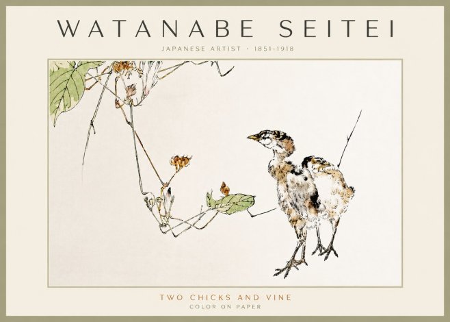 Watanabe Seitei Two Chicks and Vine No3 - Plakat