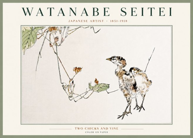 Watanabe Seitei Two Chicks and Vine No4 - Plakat