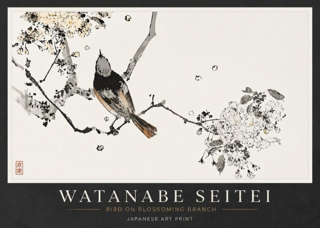 Watanabe Seitei Bird on Blossoming Branch No6 - Plakat