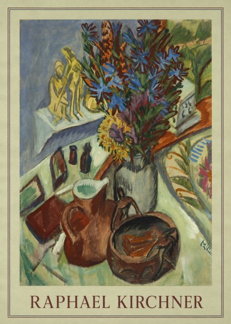 Raphael Kirchner Still Life with Blue Flowers and Figurines No3 - Plakat
