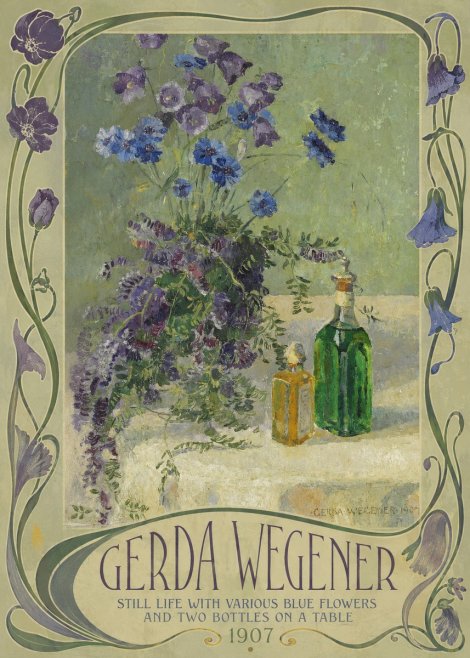 Gerda Wegener Still Life with Various Blue Flowers and Two Bottles on a Table No2 - Plakat