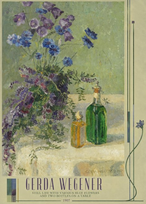 Gerda Wegener Still Life with Various Blue Flowers and Two Bottles on a Table No3 - Plakat