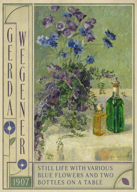 Gerda Wegener Still Life with Various Blue Flowers and Two Bottles on a Table No4 - Plakat
