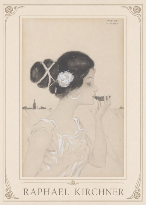 Raphael Kirchner Elegant Lady with Rose and Cup No1 - Plakat