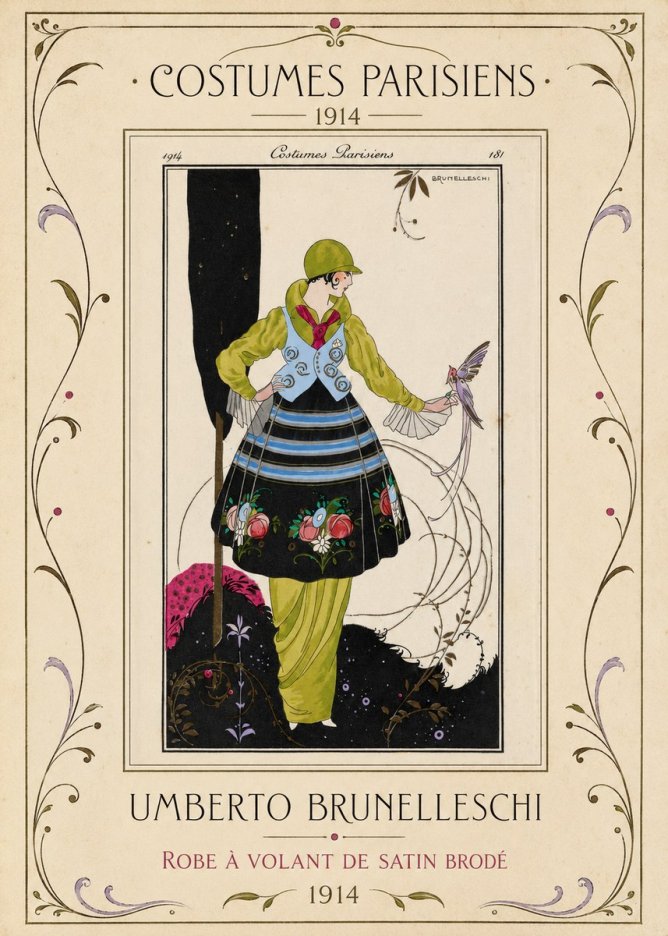 Umberto Brunelleschi Robe À Volant De Satin Brodé No1 - Plakat