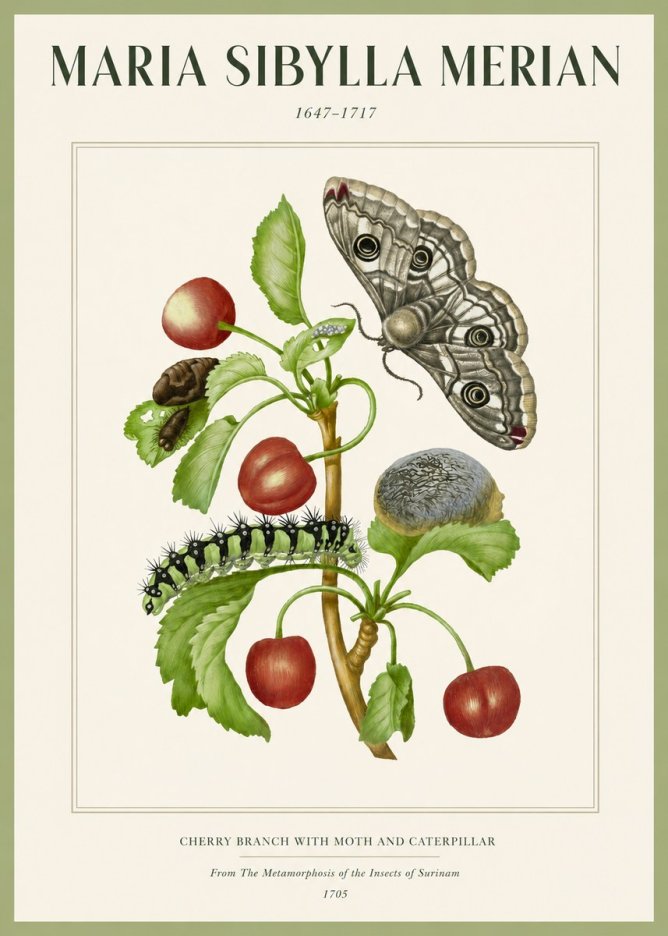 Maria Sibylla Merian Cherry Branch with Moth and Caterpillar No2 - Plakat