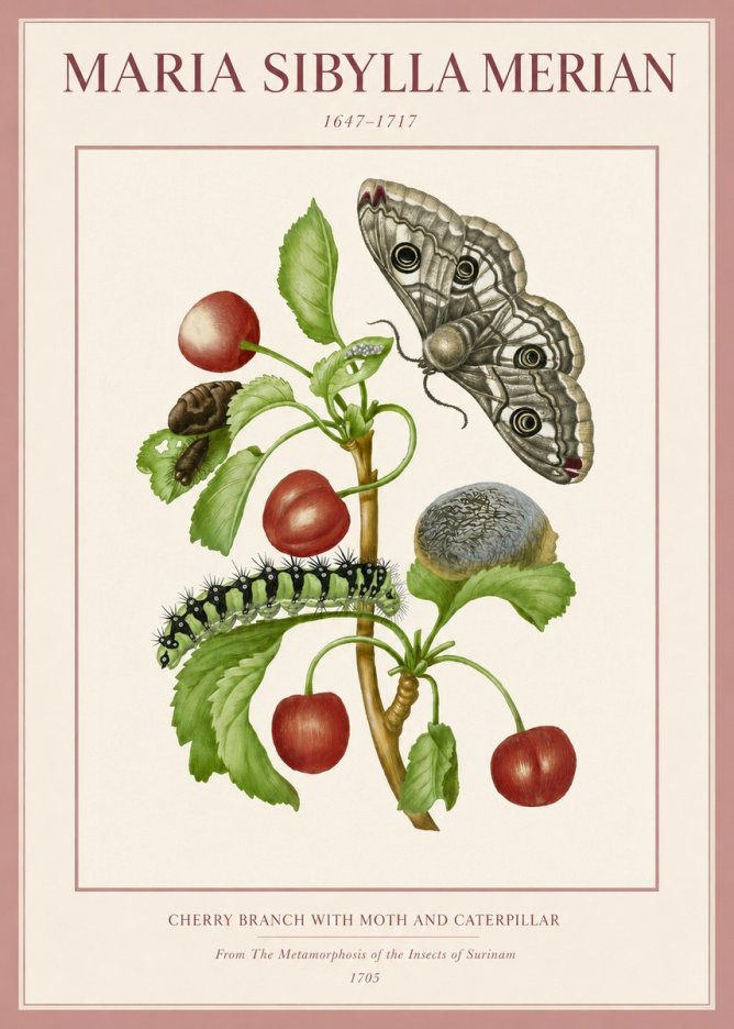 Maria Sibylla Merian Cherry Branch with Moth and Caterpillar No3 - Plakat