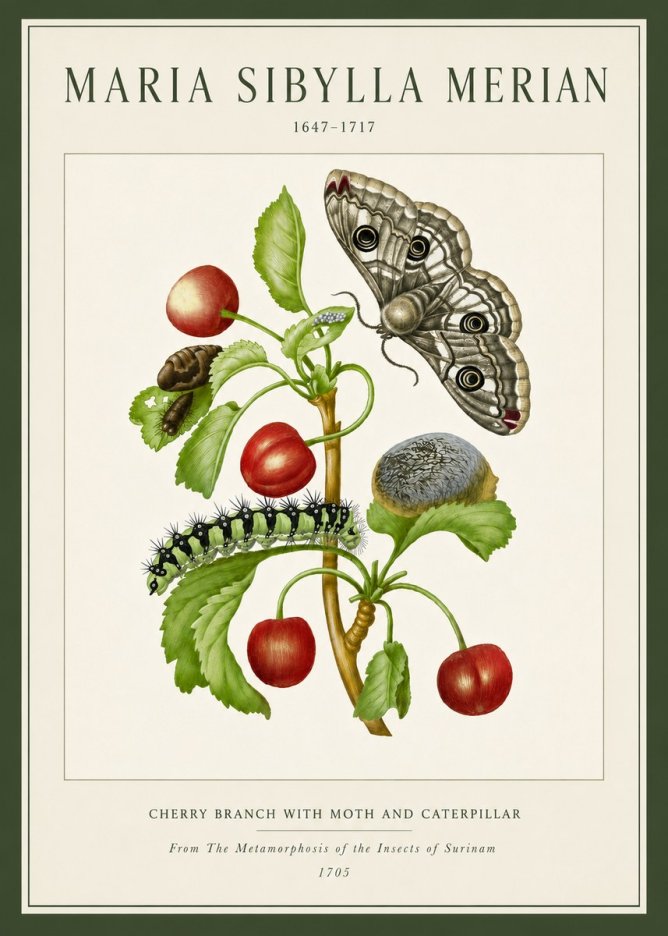 Maria Sibylla Merian Cherry Branch with Moth and Caterpillar No5 - Plakat