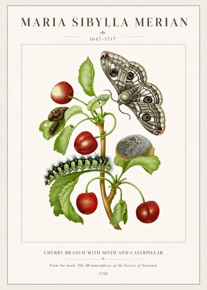 Maria Sibylla Merian Cherry Branch with Moth and Caterpillar No6 - Plakat