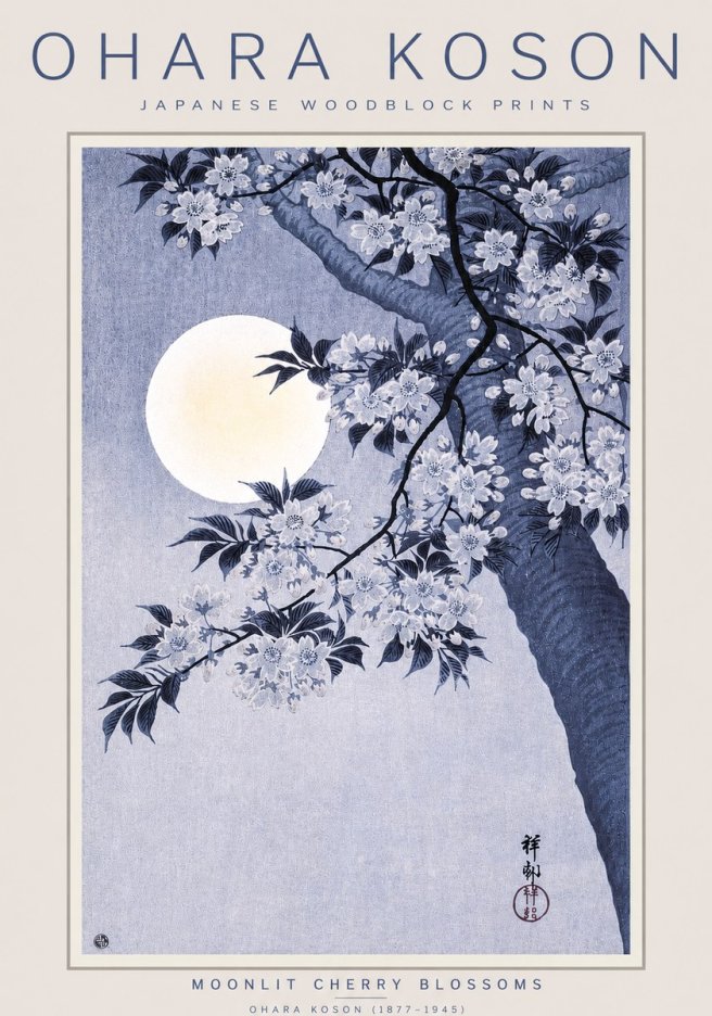 Ohara Koson Moonlit Cherry Blossoms No3 - Plakat