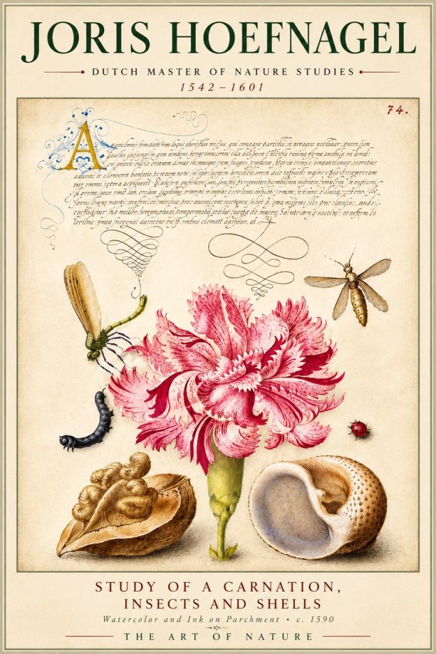 Joris Hoefnagel Study of a Carnation, Insects and Shells No6 - Plakat