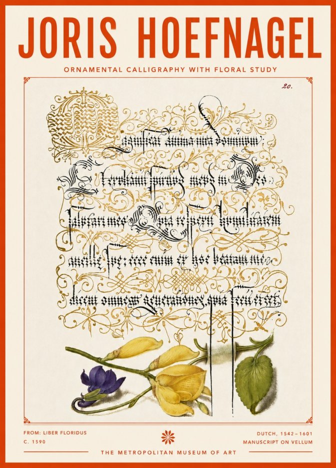 Joris Hoefnagel Ornamental Calligraphy with Floral Study No4 - Plakat